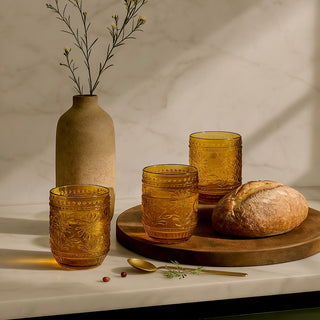 Petra Embossed Drinking Glasses, Amber, Set of 4