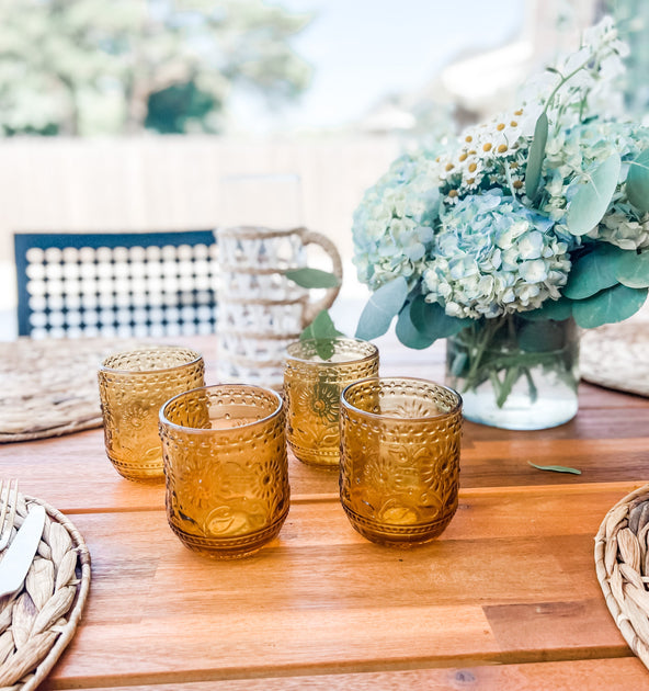 Amber Floral Embossed Drinking Glasses - Set of 4