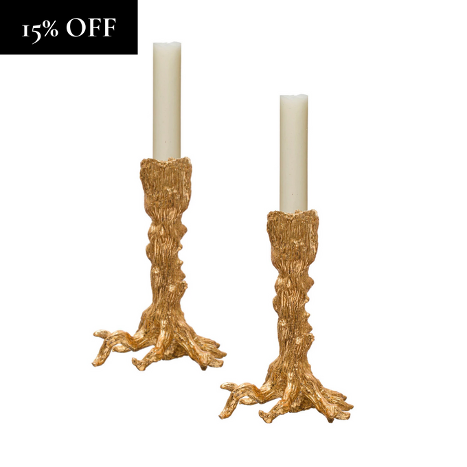 Gold Tree Trunk Taper Candle Holders, Set of 2