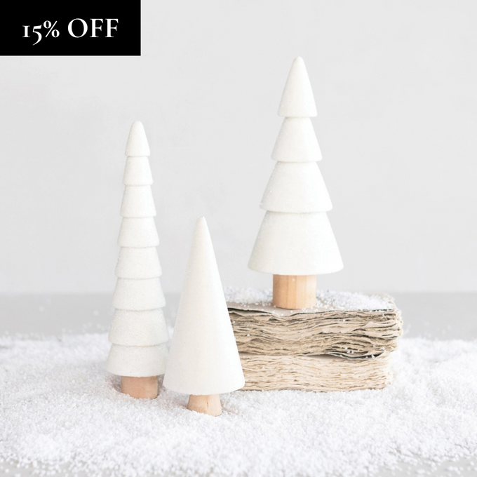 White Wood Glitter Trees, Set of 3