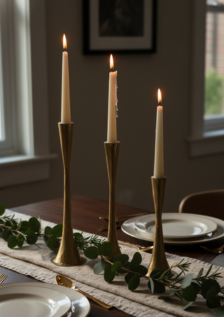 Dining table setting with gold candlesticks, plates, and greenery.