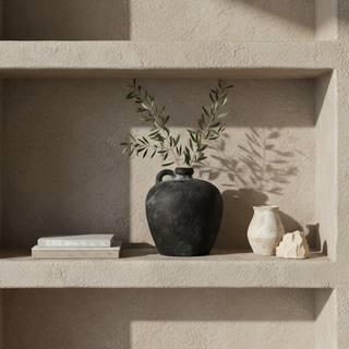 Decorative setting with a black vase, white book, and small sculpture on a stone shelf.