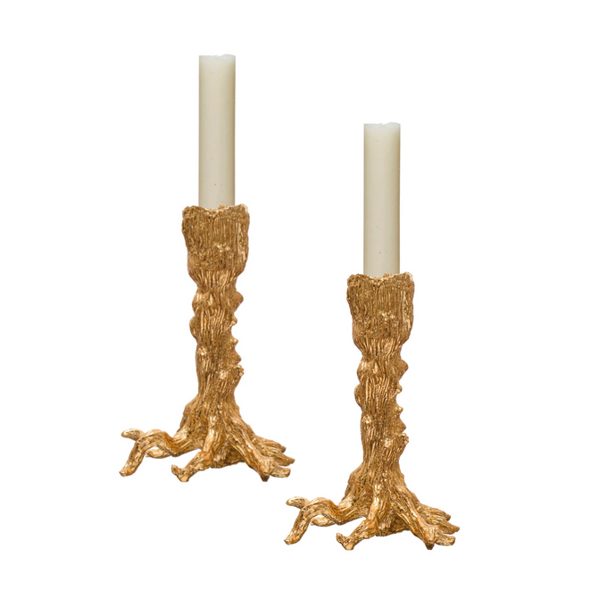 Gold Tree Trunk Taper Candle Holders, Set of 2