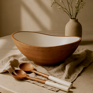 Palmer Wood + White Bowl and Salad Servers (Bundle)