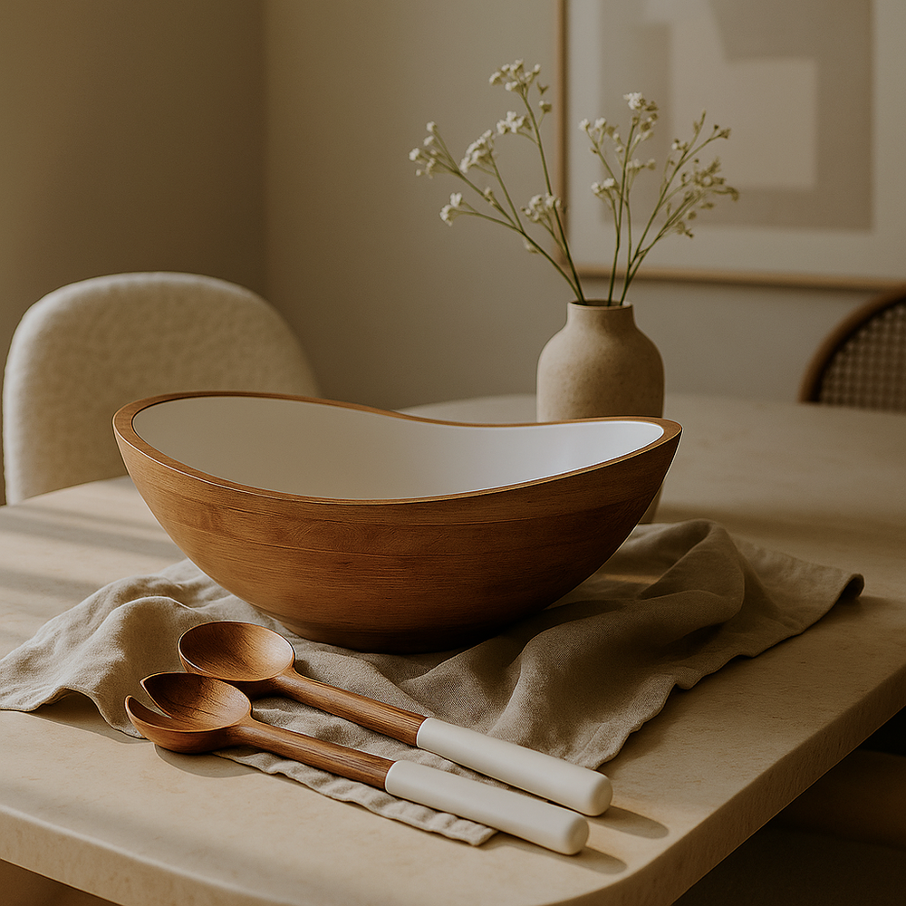Palmer Wood + White Bowl and Salad Servers (Bundle)
