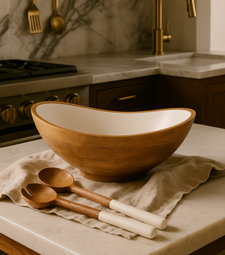 Palmer Wood + White Bowl and Salad Servers (Bundle)