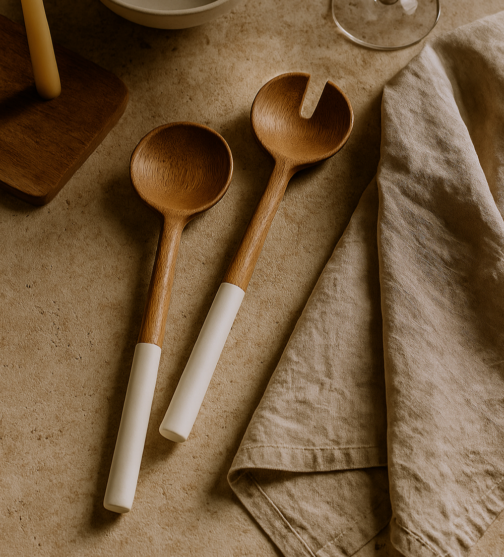 Palmer Wood + White Salad Servers, Set of 2