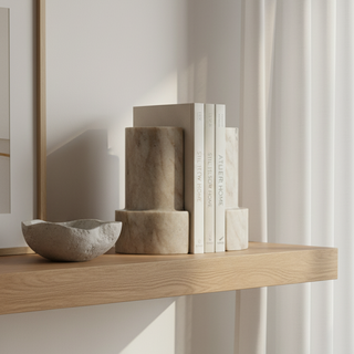 Wooden shelf with decorative items and bookends against a white wall