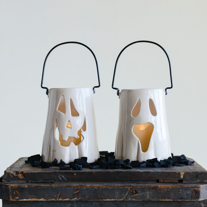 White Ceramic Ghost Lanterns, Set of 2