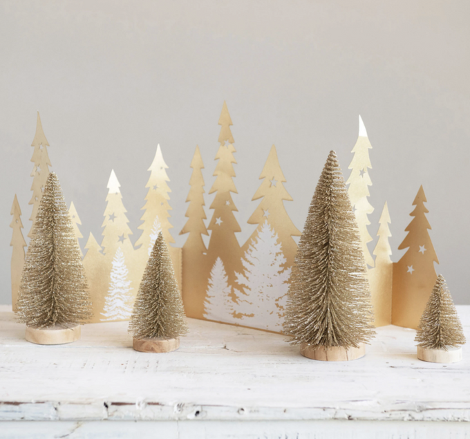 Gold Shimmer Bottle Brush Trees, Set of 4