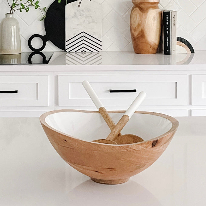 Palmer Wood + White Bowl and Salad Servers (Bundle)