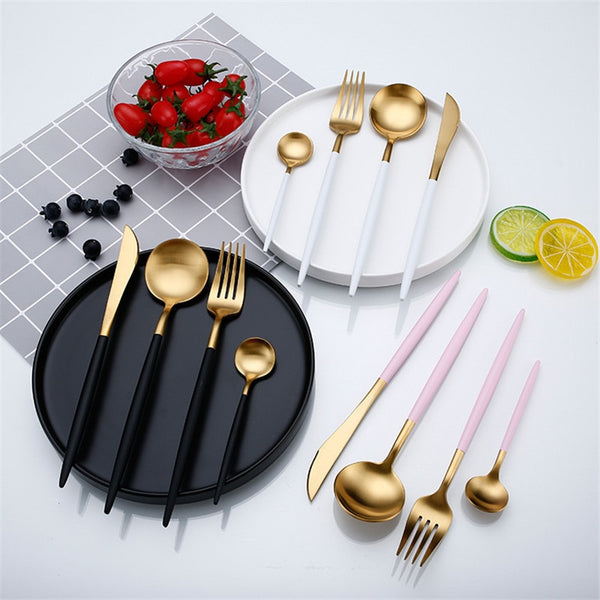 4pcs/set Stainless Steel Gold-plated Cutlery, Including Long